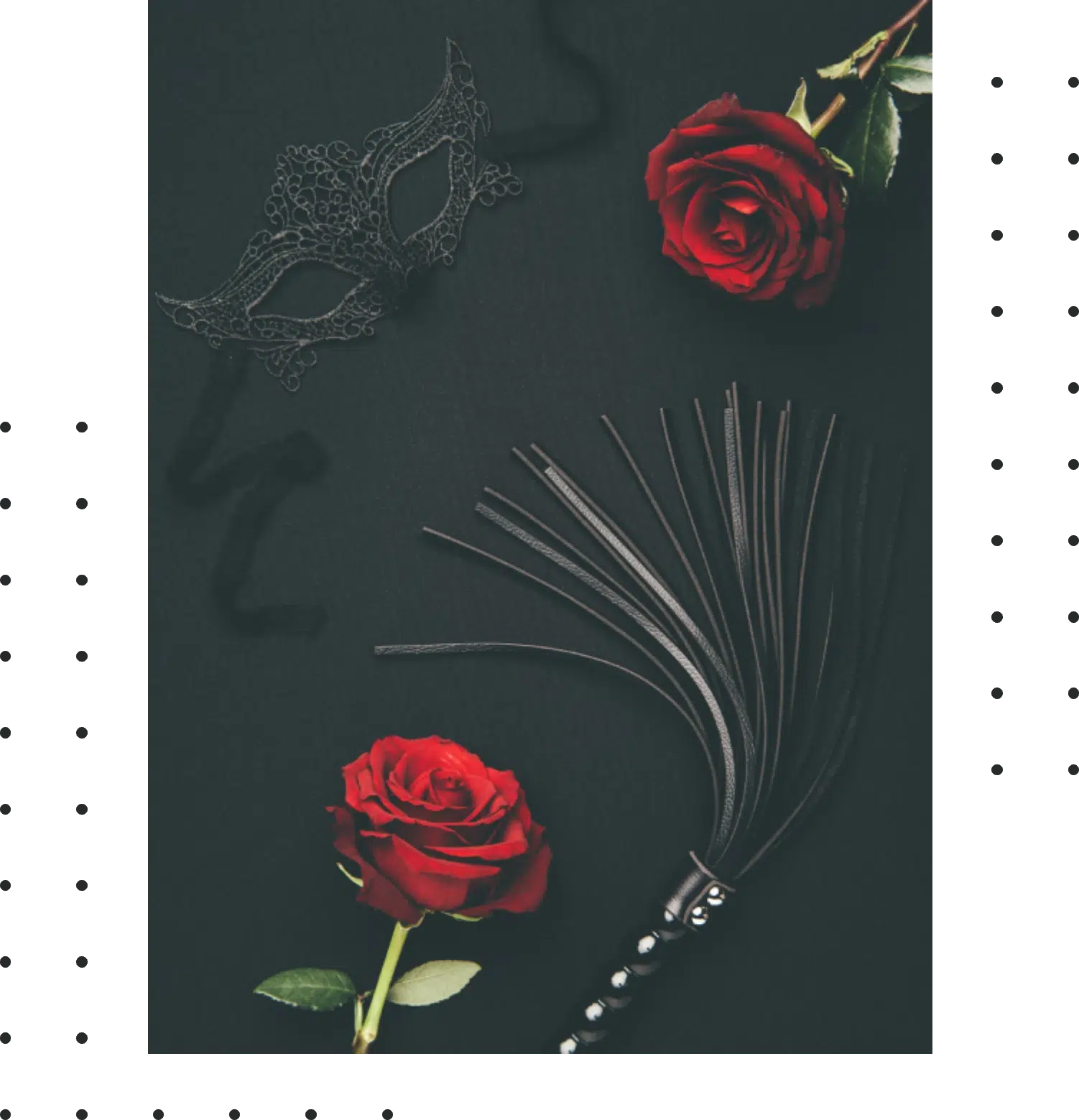 black whip and lacy mask with rose flowers